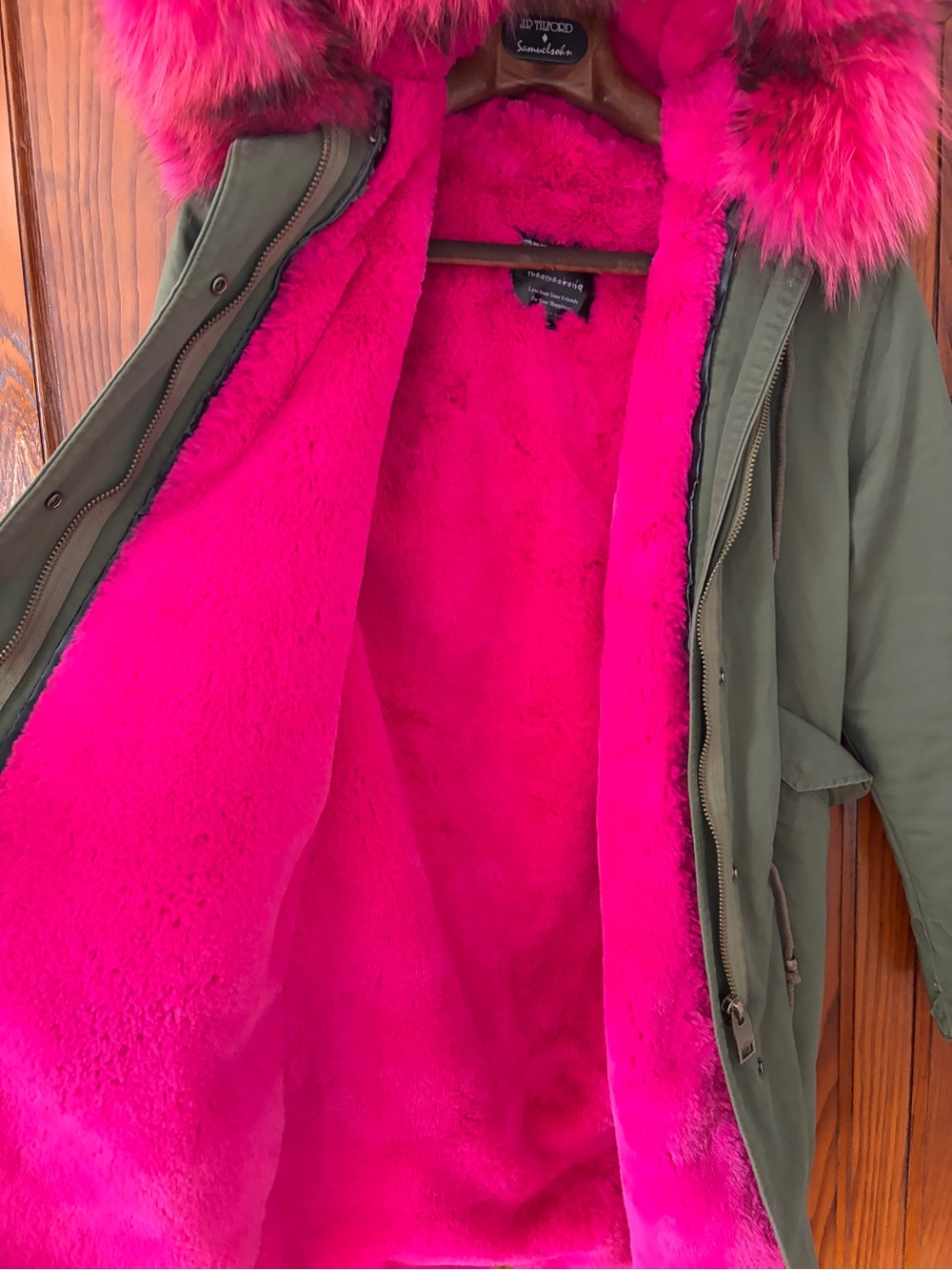 Olive Parka with Hot Pink Faux Fur Lining - Picture 4 of 4